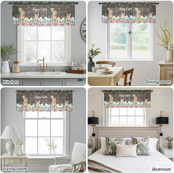Easter Sheer Valances for Windows 60"x18", Light Filtering Kitchen Curtains Valance, Spring Watercolor Bunny Eggs Flower Leaf Wood Grain Rod Pocket Chiffon Curtains for Living Room Bedroom Cafe