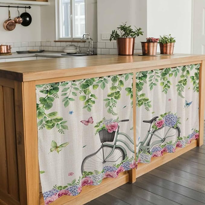 Farmhouse Spring Tier Curtains, Retro Bicycles Flowers Vines Butterfly Light Filtering Kitchen Curtains, 2Pcs Rod Pocket Half Window Treatments Panels for Sink Cafe Cabinet Camper 27.5x24 Inches