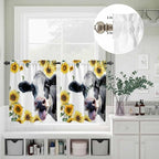Kitchen Curtains Tiers and Valance Set of 3, Cow Sunflowers Light Filtering Window Curtain Set, Spring Botanical Floral Flowers Animals Rod Pocket Curtain Drapes for Cafe, Living Room, 24 Inches Tiers