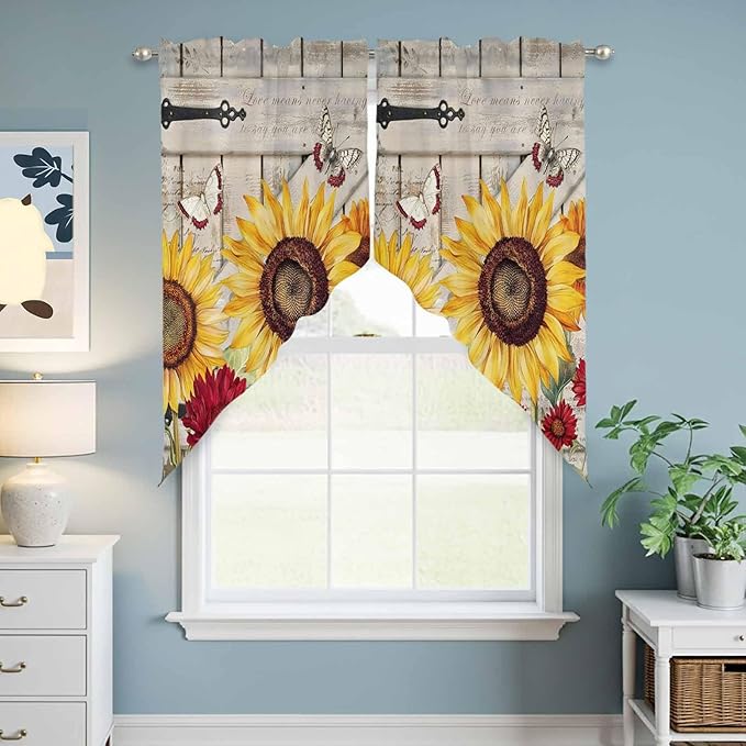 Red Yellow Sunflowers Swag Valances for Windows, Retro Rustic Barn Doors Butterfly Brown Rod Pocket Kitchen Curtains Valance, Small Window Curtains Swag for Cafe Living Room, 2 Panels, 28x36 inch