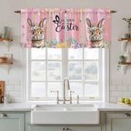 Easter Tier Curtains, Spring Rabbit Eggs Flowers Flags Leaves Wood Grain Light Filtering Kitchen Curtains, 2Pcs Rod Pocket Half Window Treatments Panels for Sink Cafe Cabinet Camper 27.5x24 Inches