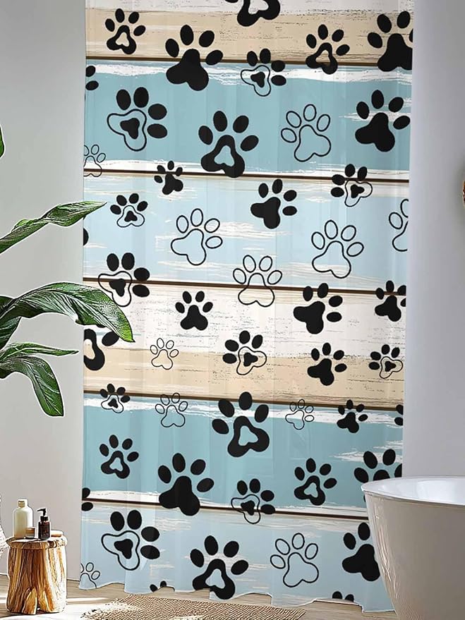Sheer Curtains 84 Inches Long, Blue Beige Paw Print Semi Sheer Curtains Light Filtering Window Treatment, Vintage Farmhouse Country Wood Grain Privacy Voile Drapes for Living Room Bedroom 52x84 Inch