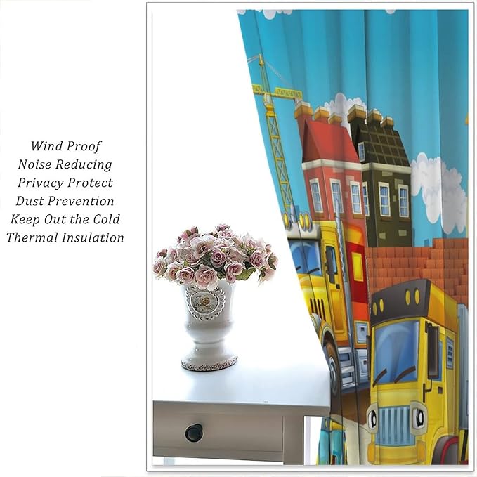 Kids Cartoon Construction Window Curtains, Funny Construction Site Cars and Helicopter Rod Pocket Decorative Windows Curtain for Children Teens Room Decor 42x63in (30% Blackout)