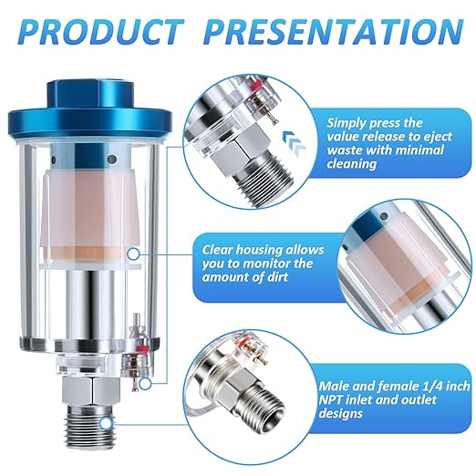 Mudder 10 Pcs Compressed Air Filter Water Oil Separator 1/4 Inch NPT Inlet and Outlet Airbrush Filter Moisture Separator for Air Line Compressor Fitting, 90 PSI
