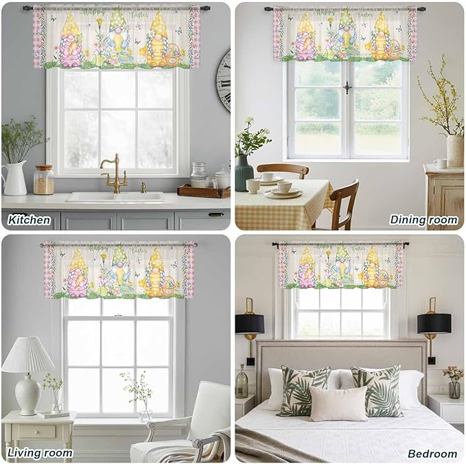 Easter Sheer Valances for Windows 54"x18", Light Filtering Kitchen Curtains Valance, Country Gnomes Duck Floral Eggs Pink Buffalo Check Rod Pocket Chiffon Curtains for Living Room Bedroom Cafe