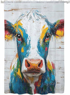 Sheer Curtains 72 Inches Long, Rustic Cow Semi Sheer Curtains Light Filtering Window Treatment, Vintage Colorful Animals Art Wooden Grain Privacy Voile Drapes for Living Room Bedroom 52x72 Inch