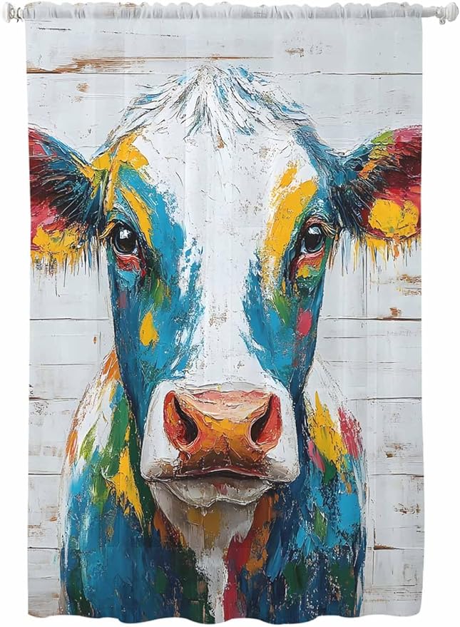 Sheer Curtains 63 Inch Length, Rustic Cow Semi Sheer Curtains Light Filtering Window Treatment, Vintage Colorful Animals Art Wooden Grain Privacy Voile Drapes for Living Room Bedroom 52x63 Inch