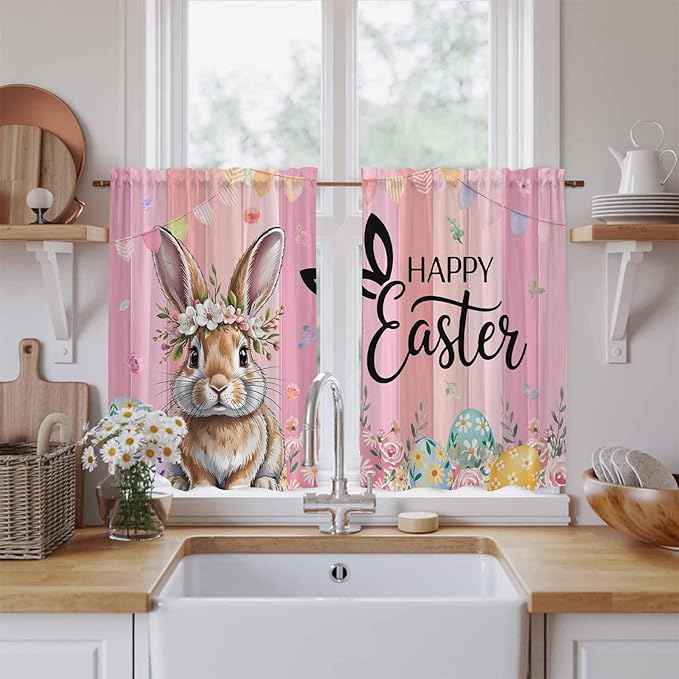 Easter Kitchen Curtains, Spring Rabbit Eggs Flowers Flags Leaves Wood Grain Light Filtering Window Curtain Panels, 2Pcs Rod Pocket Window Treatments Set for RV Dining Room Study Room 42x45 Inches