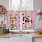 Easter Kitchen Curtains, Spring Rabbit Eggs Flowers Flags Leaves Wood Grain Light Filtering Window Curtain Panels, 2Pcs Rod Pocket Window Treatments Set for Cabin Bathroom Bedroom 52x45 Inches