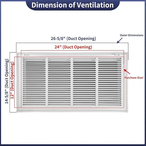 24"W x 12"H [Duct Opening Size] Steel Return Air Filter Grille - Removable Face/Door for 1 inch Filters -HVAC Vent Cover Grill - White [Outer Dimensions: 26 5/8"W X 14 5/8"H]