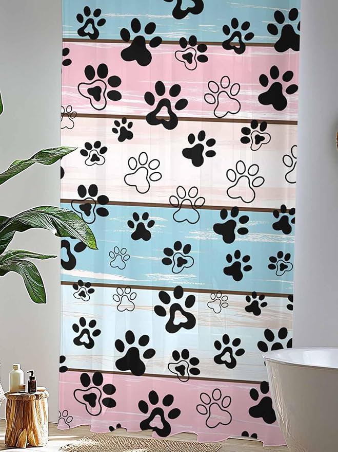 Sheer Curtains 96 Inches Long, Blue Pink Dog Paws Prints Semi Sheer Curtains Light Filtering Window Treatment, Farmhouse Beige Wood Privacy Voile Drapes for Living Room Bedroom 52x96 Inch