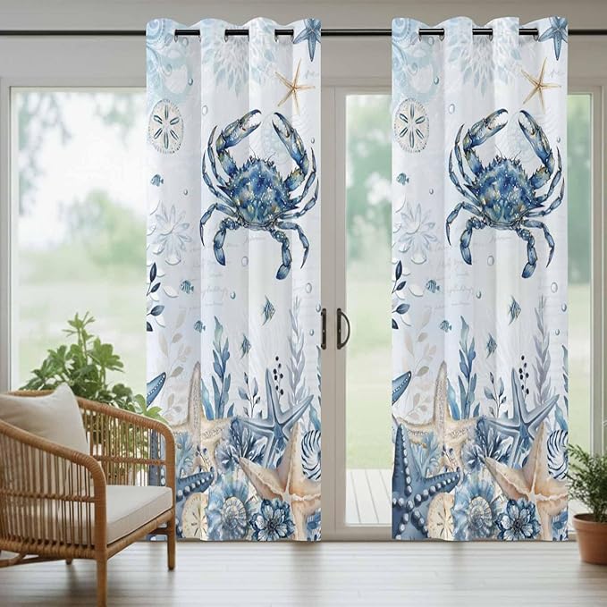 Oceans Outdoor Curtains for Patio Crabs Marine Life Shell Starfish Blue Waterproof Outside Curtains with Grommet Top Weatherproof Curtain for Cabana Pergola Gazebo, 2 Pack, 54" W x 95" L
