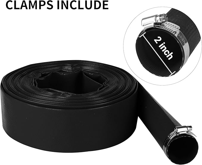 2" x 100 FT Pool Backwash Hose, Black Heavy Duty Reinforced PVC Lay Flat Water Discharge Hose for Swimming Pool Filter Pump,with 2 Clamp