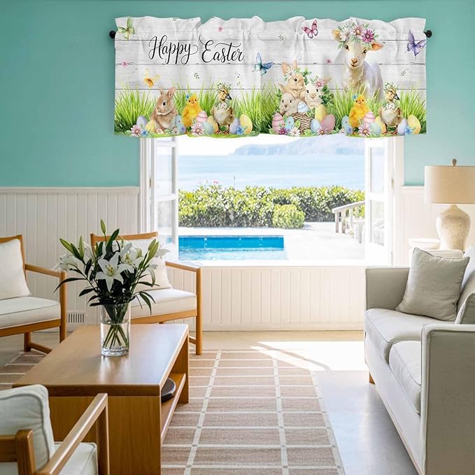 Easter Curtain Valances for Windows, Kitchen Valance Window Treatment, Spring Sheep Bunny Duck Plants Wooden Grain Light Filtering Block Curtains for Bathroom/Bedroom/Living Room 42'' x 18''