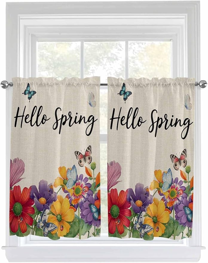 Spring Flowers Kitchen Curtains 54 Inches Length, Farmhouse Vintage Country Colorful Floral Window Treatment Curtain Drapes, Decorative Window Curtains for Bedroom Cafe, 52"x54", 2 Panels