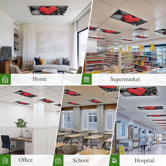 Fluorescent Light Covers for Ceiling Lights Love Heart Stone Magnetic Light Filters 2 Pack 4x2 ft Black Red Ceiling Lights Cover for Classroom Office School Home Drop Lamp Decor