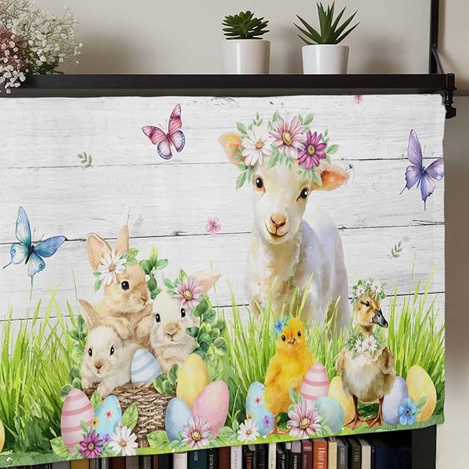 Easter Curtain Valances for Windows, Kitchen Valance Window Treatment, Spring Sheep Bunny Duck Plants Wooden Grain Light Filtering Block Curtains for Bathroom/Bedroom/Living Room 42'' x 12''