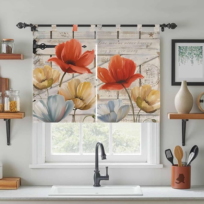 Retro Floral Bedroom Curtains 63 Inch Length, Window Curtains Tab Top, Red Yellow Tulips Barm Doors Farmhouse Wooden Light Filtering Window Treatments Drapes 42"x63" 2 Panel