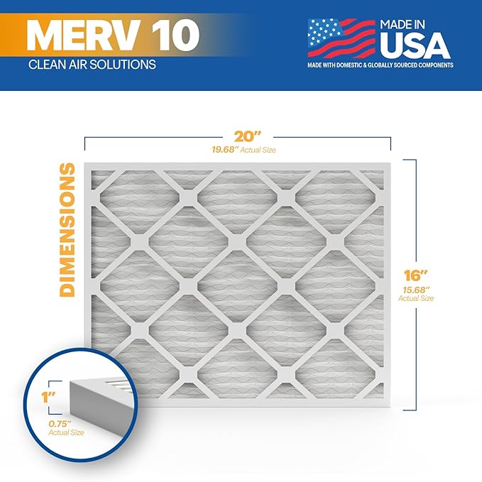 BNX TruFilter 16x20x1 MERV 10 (6-Pack) AC Furnace Air Filter - MADE IN USA - Pleated Air Conditioner HVAC AC Furnace Filters - Removes Odor, Mold, Bacteria, Smoke