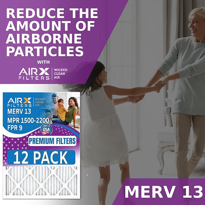 16x16x2 Air Filter MERV 13 Rating, 12 Pack of Furnace Filters Comparable to MPR 1500-2200 & FPR 9 - Made in USA by AIRX FILTERS WICKED CLEAN AIR.