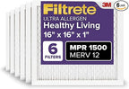 Filtrete 16x16x1 AC Furnace Air Filter, MERV 12, MPR 1500, CERTIFIED asthma & allergy friendly, 3 Month Pleated 1-Inch Electrostatic Air Cleaning Filter, 6-Pack (Actual Size 15.81x15.81x0.78 in)