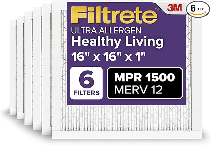 Filtrete 16x16x1 AC Furnace Air Filter, MERV 12, MPR 1500, CERTIFIED asthma & allergy friendly, 3 Month Pleated 1-Inch Electrostatic Air Cleaning Filter, 6-Pack (Actual Size 15.81x15.81x0.78 in)