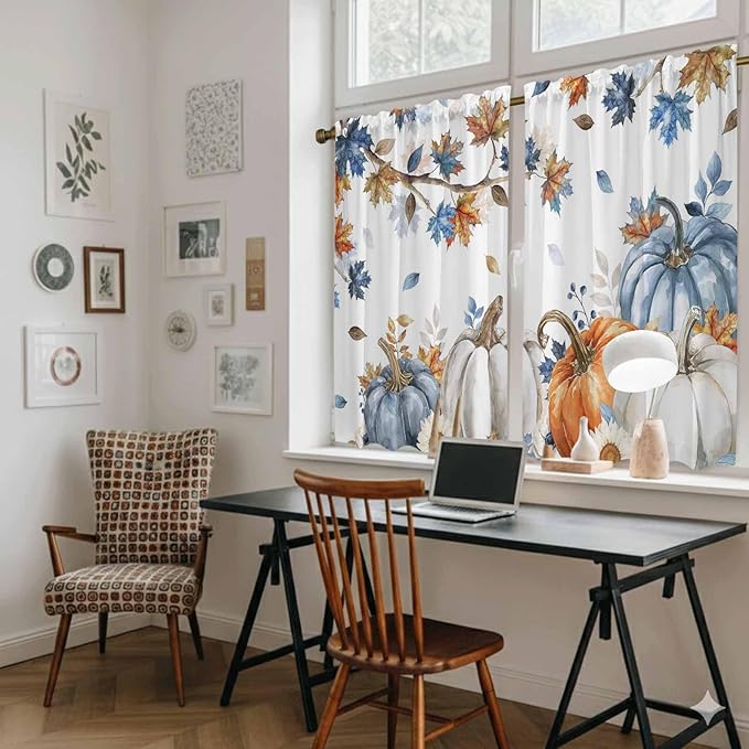 Navy Blue Pumpkin Fall Kitchen Curtains 45 Inch Long 2 Panel Set,Rod Pocket Window Treatment,Thanksgiving Maple Leaves Branches Light Filtering Short Curtains & Drapes for Bathroom Laundry 52"W x 45"L