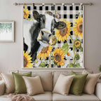 Retro Sunflowers Bathroom Curtains 63 Inch Length, Window Curtains Tab Top, Farmhouse Floral Cow Butterfly Black Plaid Light Filtering Window Treatments Drapes 52"x63" 2 Panel