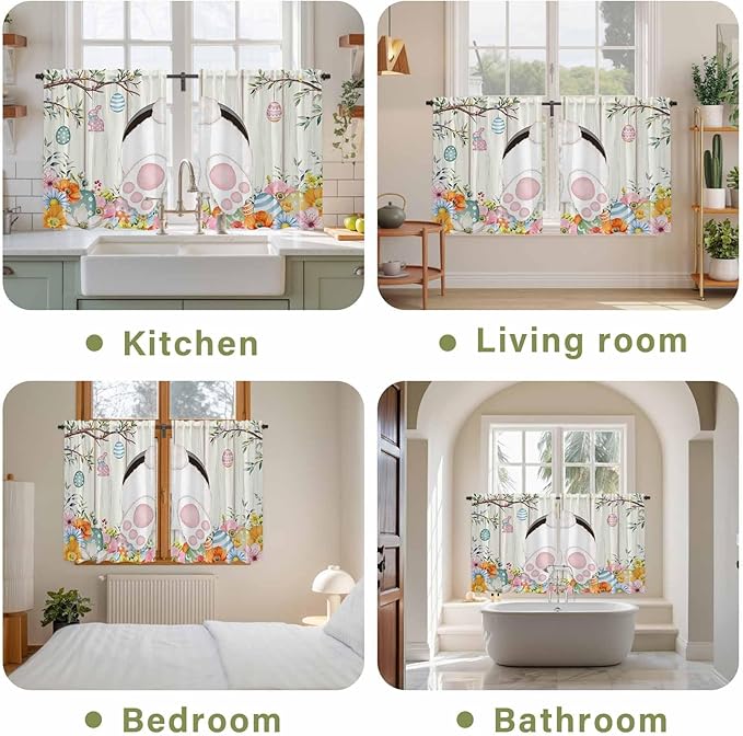 Easter Kitchen Curtains 45 Inch Long 2 Panel Set,Rod Pocket Window Treatment,Spring Farmhouse Watercolor Bunny Eggs Wood Grain Light Filtering Short Curtains & Drapes for Bathroom Laundry 52"W x 45"L
