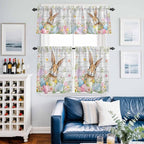 Kitchen Curtains Tiers and Valance Set of 3, Easter Light Filtering Window Curtain Set, Rustic Spring Bunny Eggs Botanical Grey Wooden Rod Pocket Curtain Drapes for Cafe, Living Room, 24 Inches Tiers