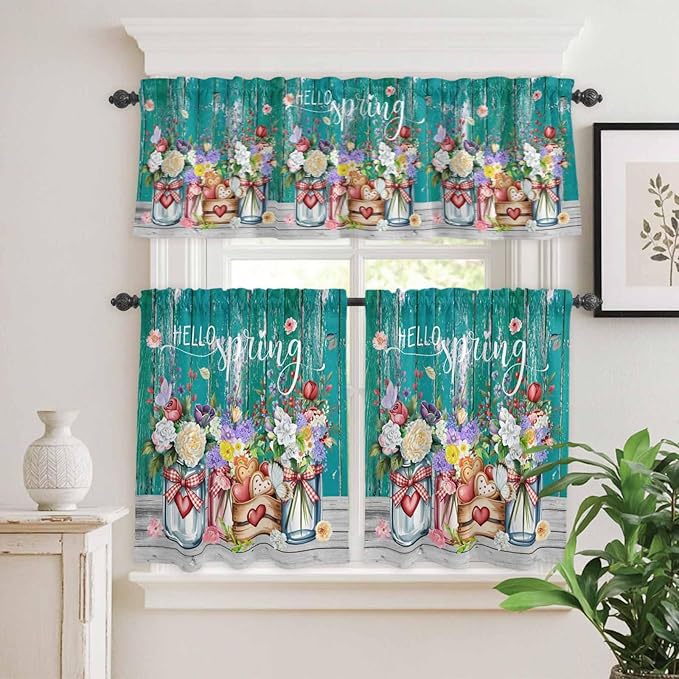 Kitchen Curtains Tiers and Valance Set of 3, Spring Flowers Light Filtering Window Curtain Set, Farmhouse Watercolor Teal Wood Grain Rod Pocket Curtain Drapes for Cafe, Living Room, 24 Inches Tiers