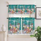 Spring Flowers Kitchen Curtain Set, Farmhouse Watercolor Teal Wood Grain Window Valance and Tiers 24" Length, Light Filtering Short Curtains Valance for Cafe Bathroom Bedroom 54"x18"