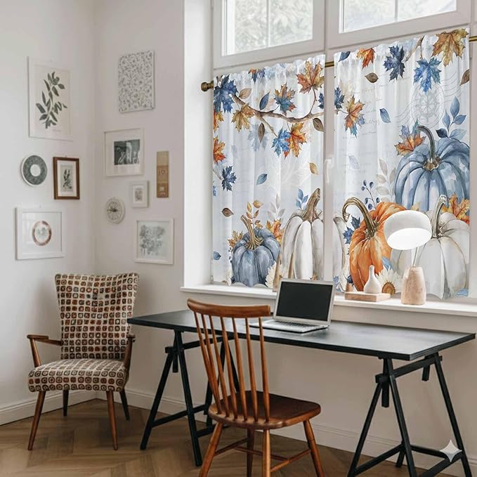 Fall Blue Maple Kitchen Curtains 45 Inch Long 2 Panel Set,Rod Pocket Window Treatment,Thanksgiving Pumpkins Daisy Country Leaves Short Curtains & Drapes for Bathroom Laundry 52"W x 45"L