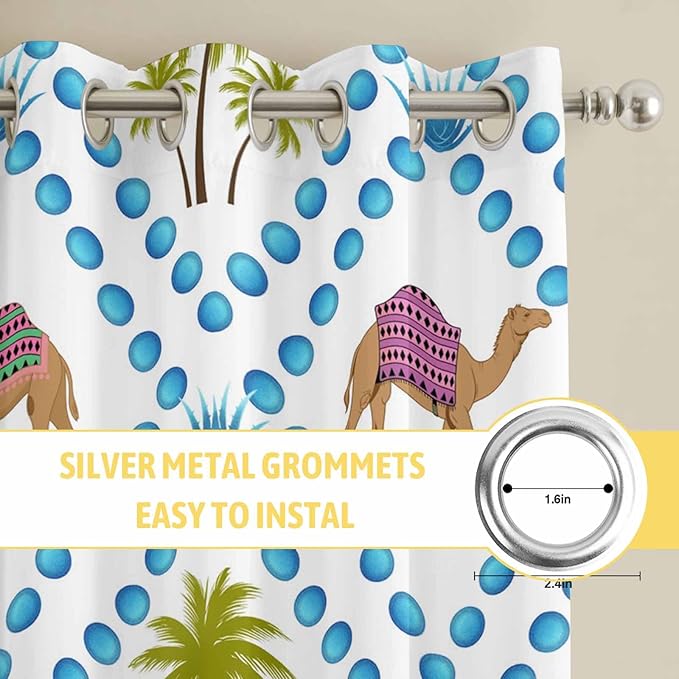 2 Panel Kitchen Cafe Curtains, Camels Palm Trees Sunlight Filtering Nature Air Through, Home Decor Window Covering Tier Curtains for Living Room 104W x 63L inch Tropical Desert Animal Plants Polka Dot