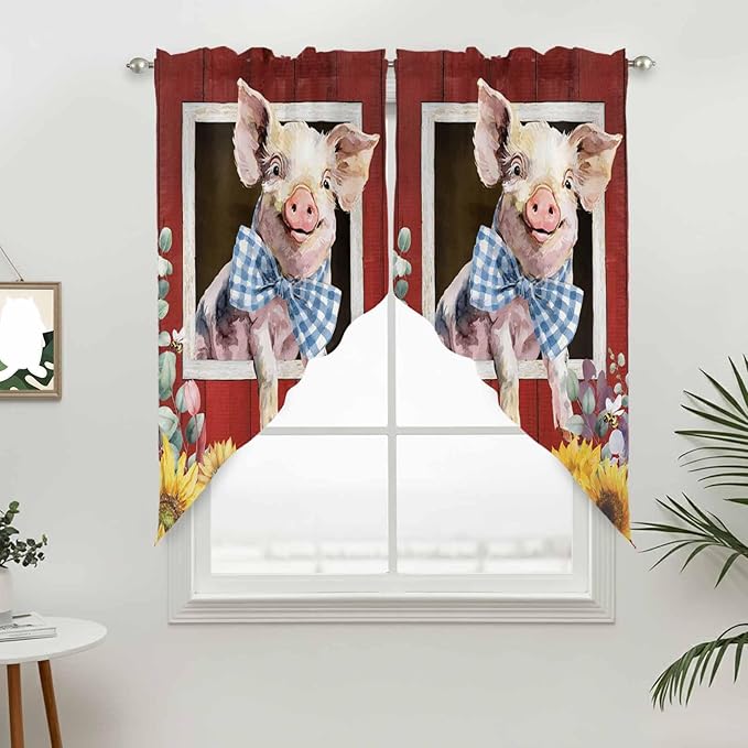 Pig Sunflowers Swag Valances for Windows, Eucalyptus Leaves Floral Bees Red Barn Rod Pocket Kitchen Curtains Valance, Kitchen Window Curtains Swag for Cafe Bathroom Living Room, 2 Panels, 36x63 inch