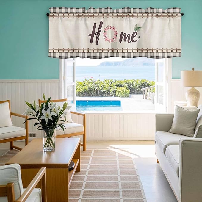 Spring Flowers Curtain Valances for Windows, Kitchen Valance Window Treatment, Vintage Watercolor Black Plaid on Linen Light Filtering Block Curtains for Bathroom/Bedroom/Living Room 42'' x 18''