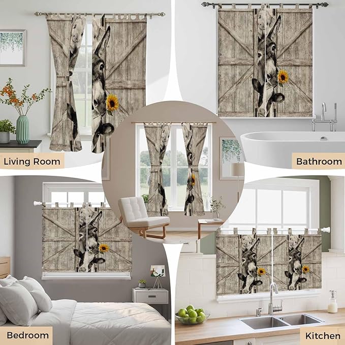 Funny Farm Animals Bedroom Curtains 72 Inch Length, Window Curtains Tab Top, Vintage Barn Brown Sunflowers Light Filtering Window Treatments Drapes 52"x72" 2 Panel