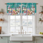 Spring Flowers Tier Curtains, Farmhouse Watercolor Teal Wood Grain Light Filtering Kitchen Curtains, 2Pcs Rod Pocket Half Window Treatments Panels for Sink Cafe Cabinet Camper 27.5x24 Inches