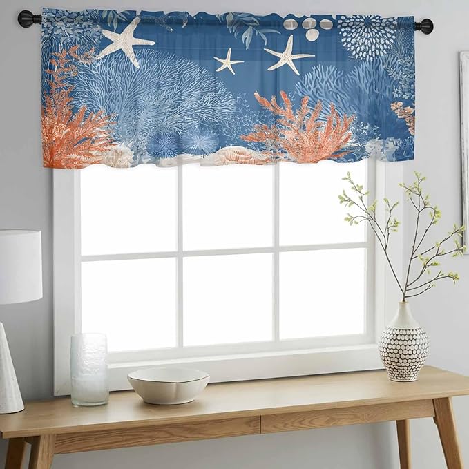 Ocean Corals Sheer Valance Curtains, Summer Beach Coral Sea Stars Dark Blue Light Filtering Kitchen Valances Rod Pocket Voile Curtain Window Treatment for Bedroom/Living Room/Basement 60Wx18L