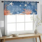 Ocean Corals Sheer Valance Curtains, Summer Beach Coral Sea Stars Dark Blue Light Filtering Kitchen Valances Rod Pocket Voile Curtain Window Treatment for Bedroom/Living Room/Basement 54Wx18L