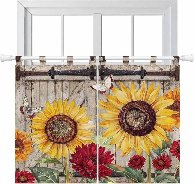 Sunflowers Kitchen Curtains 45 Inch Length, Short Cafe Window Curtains Tab Top, Retro Flower Barn Doors Butterfly Farmhouse Brown Light Filtering Window Treatments Tier Drapes 27.5"x45" 2 Panel