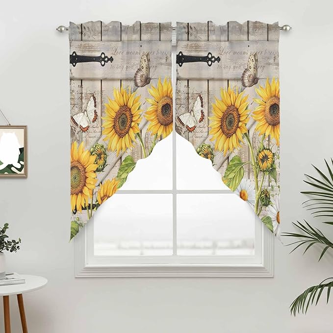Farm Flowers Swag Valances for Windows, Retro Sunflowers Barn Doors Butterfly Wood Board Rod Pocket Kitchen Curtains Valance, Kitchen Window Curtains Swag for Cafe Living Room, 2 Panels, 36x45 inch