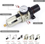SNS 1/4''NPT Compressed Air Compressor Pressure Filter Regulator Piggyback Combo - Poly Bowl with Metal Guard, Semi-auto Drain, Bracket, with Gauge AW3000-N02A