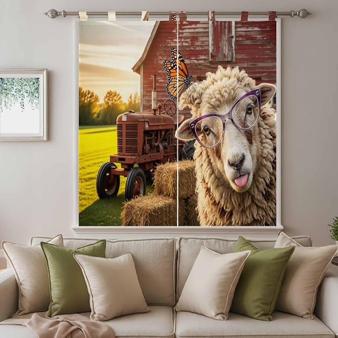 Farm Sheep Bedroom Curtains 72 Inch Length, Window Curtains Tab Top, Farmhouse Barn Funny Animals Butterfly Light Filtering Window Treatments Drapes 52"x72" 2 Panel
