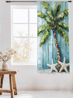 Sheer Curtains 63 Inch Length, Coastal Beach Starfish Semi Sheer Curtains Light Filtering Window Treatment, Blue Green Tropical Palm Tree Wood Grain Privacy Voile Drapes for Living Room 52x63 Inch