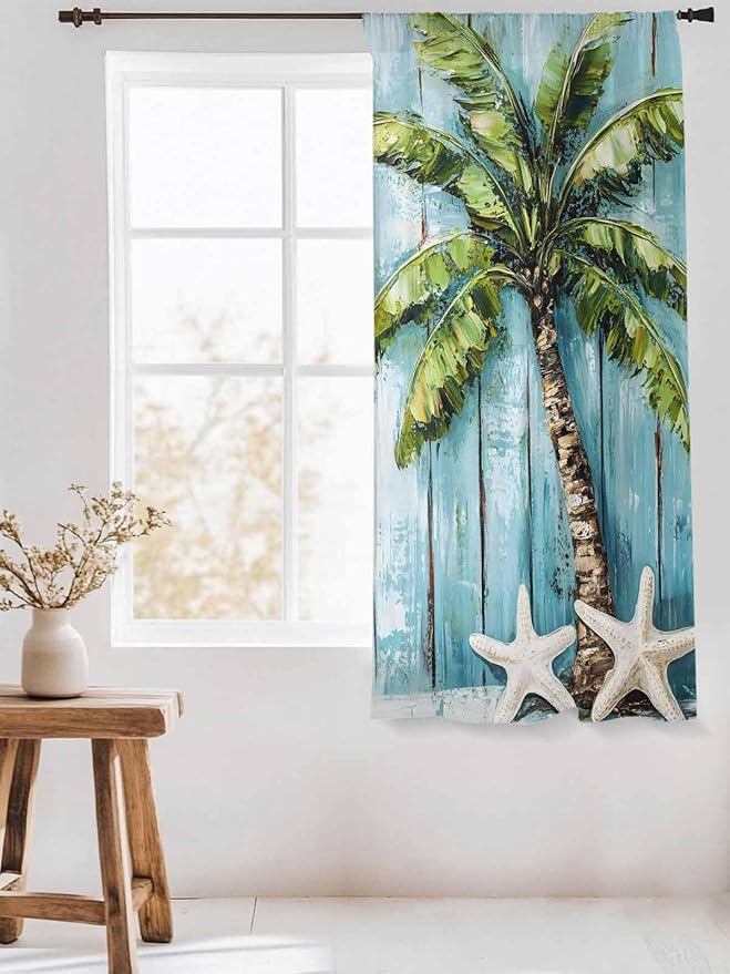 Sheer Curtains 63 Inch Length, Coastal Beach Starfish Semi Sheer Curtains Light Filtering Window Treatment, Blue Green Tropical Palm Tree Wood Grain Privacy Voile Drapes for Living Room 52x63 Inch