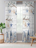 Sheer Curtains 84 Inches Long, Coastal Eucalyptus Semi Sheer Curtains Light Filtering Window Treatment, Ocean Blue Gnomes Starfish Leaf Wood Grain Privacy Voile Drapes for Living Room 52x84 Inch