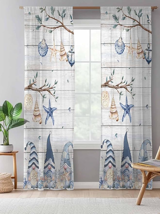 Sheer Curtains 96 Inches Long, Coastal Eucalyptus Semi Sheer Curtains Light Filtering Window Treatment, Ocean Blue Gnomes Starfish Leaf Wood Grain Privacy Voile Drapes for Living Room 52x96 Inch