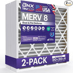 BNX TruFilter 20x20x4 (19.5’’ x 19.5’’ x 3.63‘’ Slim Fit) MERV 8 Air Filter 2-Pack - MADE IN USA - Air Conditioner Furnace Filters HVAC AC Furnace Filters for Dust, Pet, Mold, Pollen MPR 600-700 FPR 5