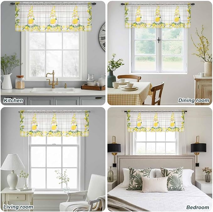 Lemon Dwarfs Sheer Valance Curtains, Gnome Green Leaf Wood Striped Yellow Plaid Light Filtering Kitchen Valances Rod Pocket Voile Curtain Window Treatment for Bedroom/Living Room/Basement 60Wx18L